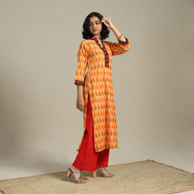 Orange Cotton Straight Pochampally Ikat Kurta