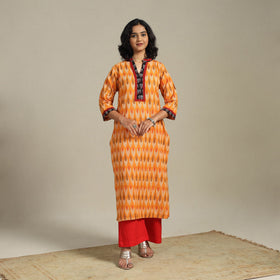 Orange Cotton Straight Pochampally Ikat Kurta