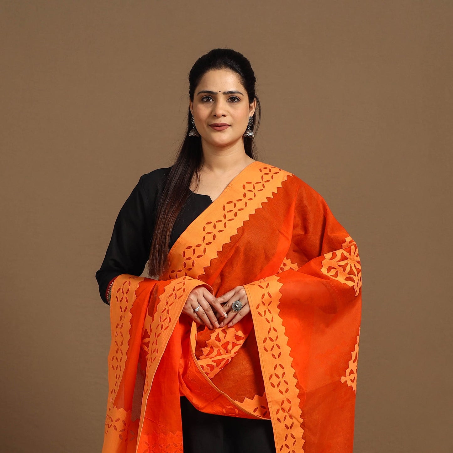 Buy Cutwork Cotton Orange Barmer Applique Dupatta