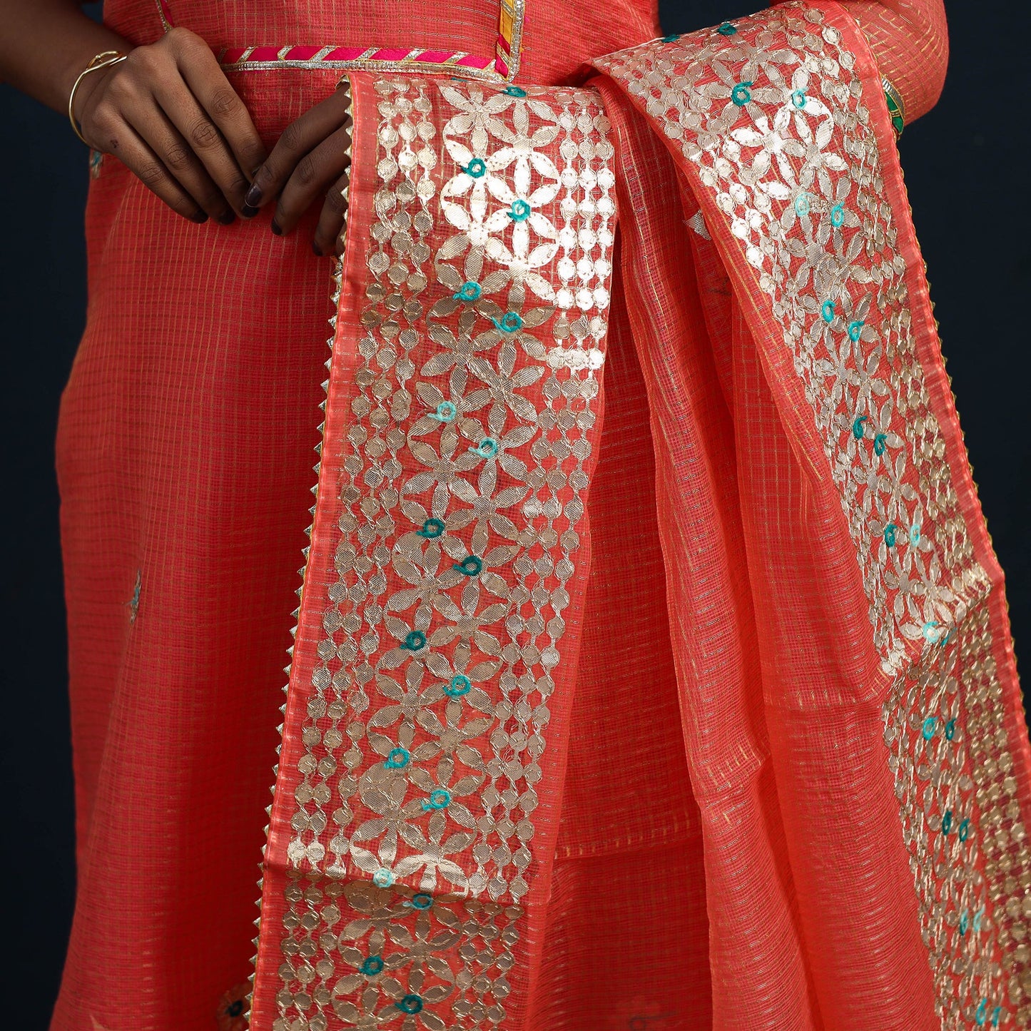 Orange - Elegant Gota Work Silk Kota Doria Kurta Set 02