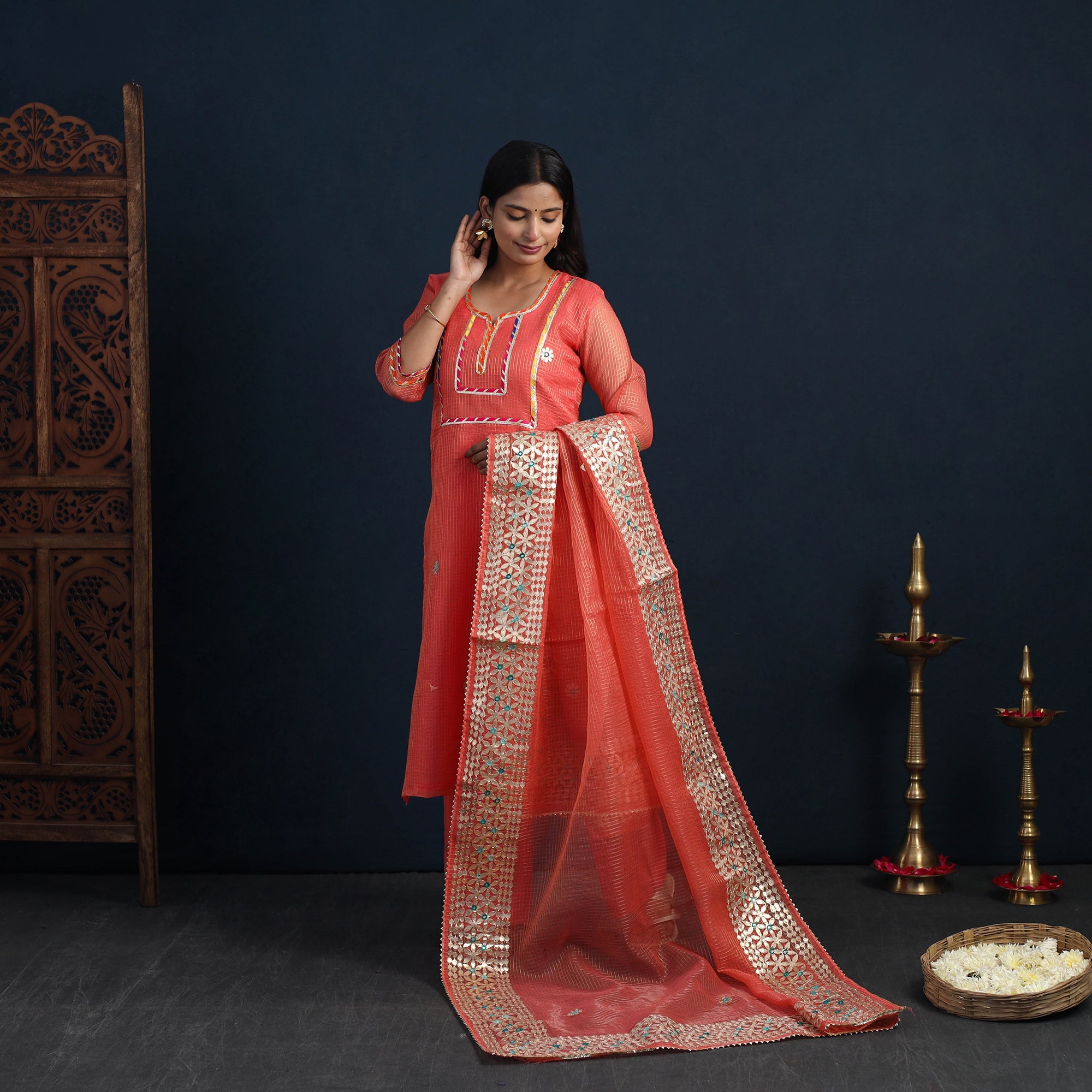 Orange - Elegant Gota Work Silk Kota Doria Kurta Set 02