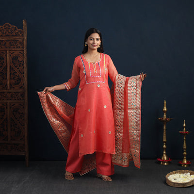 Orange - Elegant Gota Work Silk Kota Doria Kurta Set 02
