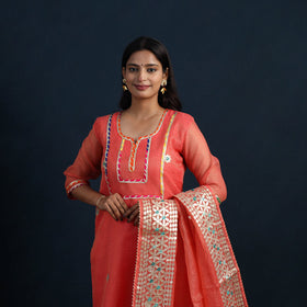 Orange - Elegant Gota Work Silk Kota Doria Kurta Set 02