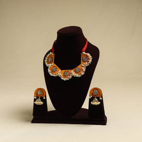Orange - fabart pearl & stone work necklace set 02