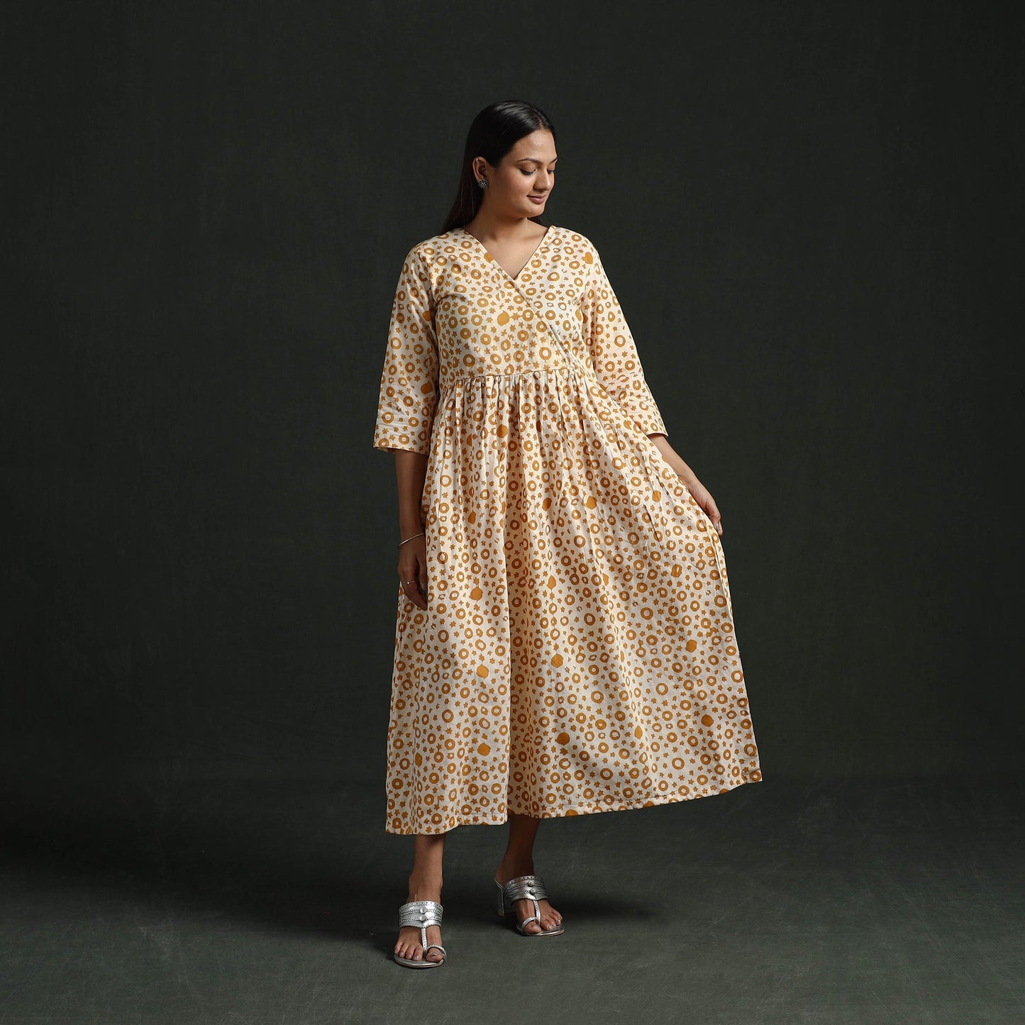 Flared angrakha cotton hand block batik print dress 09