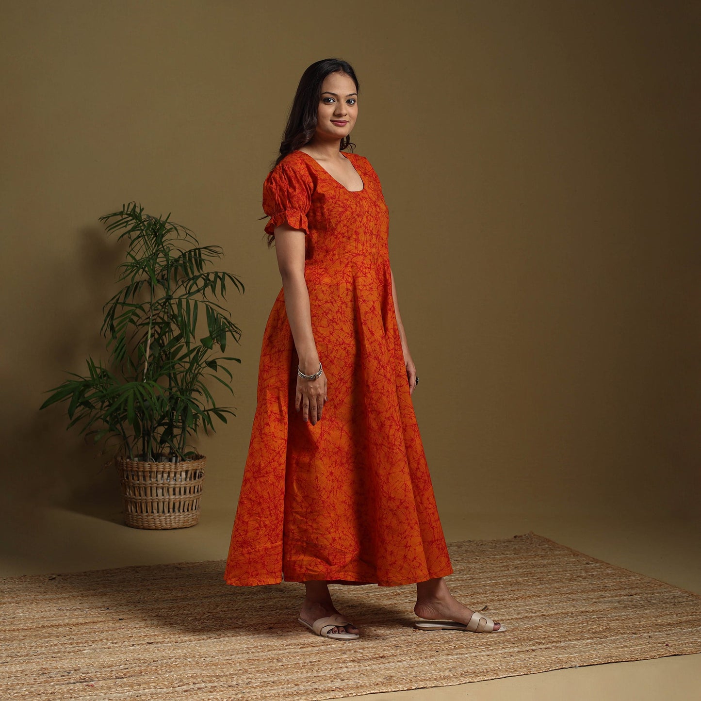 Orange - flared cotton batik dress 07 - handcrafted