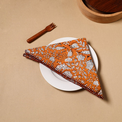 Orange - Floral Block Print Cotton Hand Embroidery Table Napkin