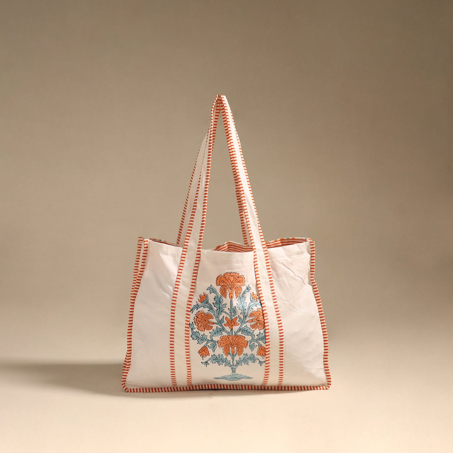 Orange - floral hand tote bag 01 - handcrafted