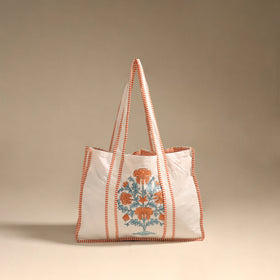 Orange - floral hand tote bag 01 - handcrafted