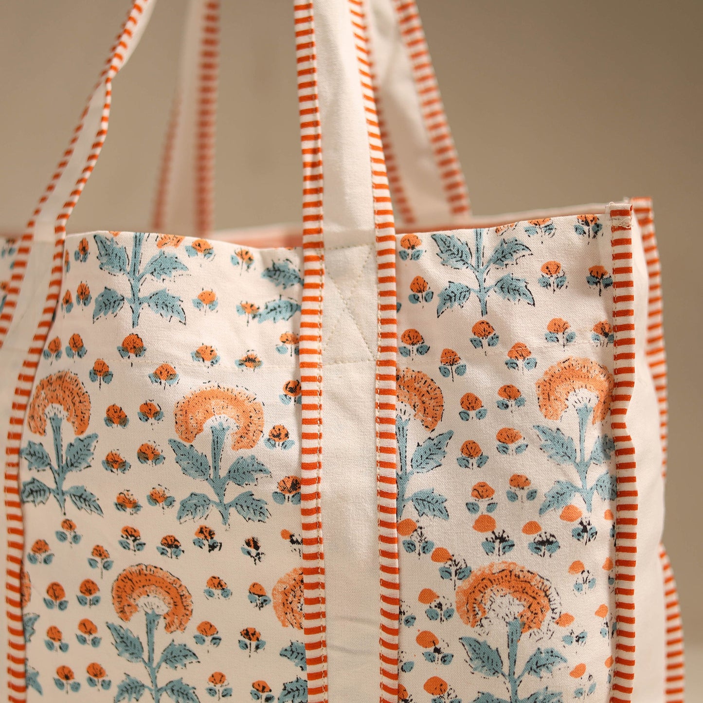Orange - floral hand tote bag 01 - handcrafted