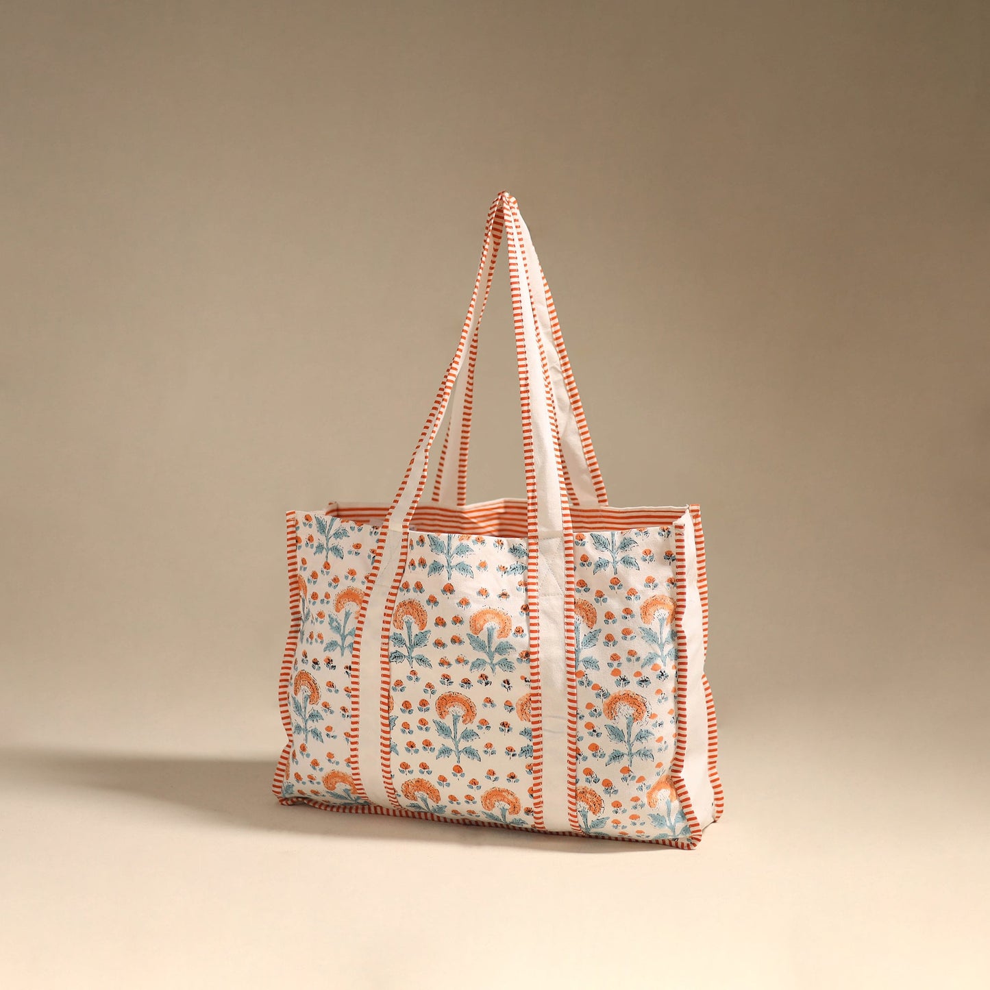 Orange - floral hand tote bag 01 - handcrafted
