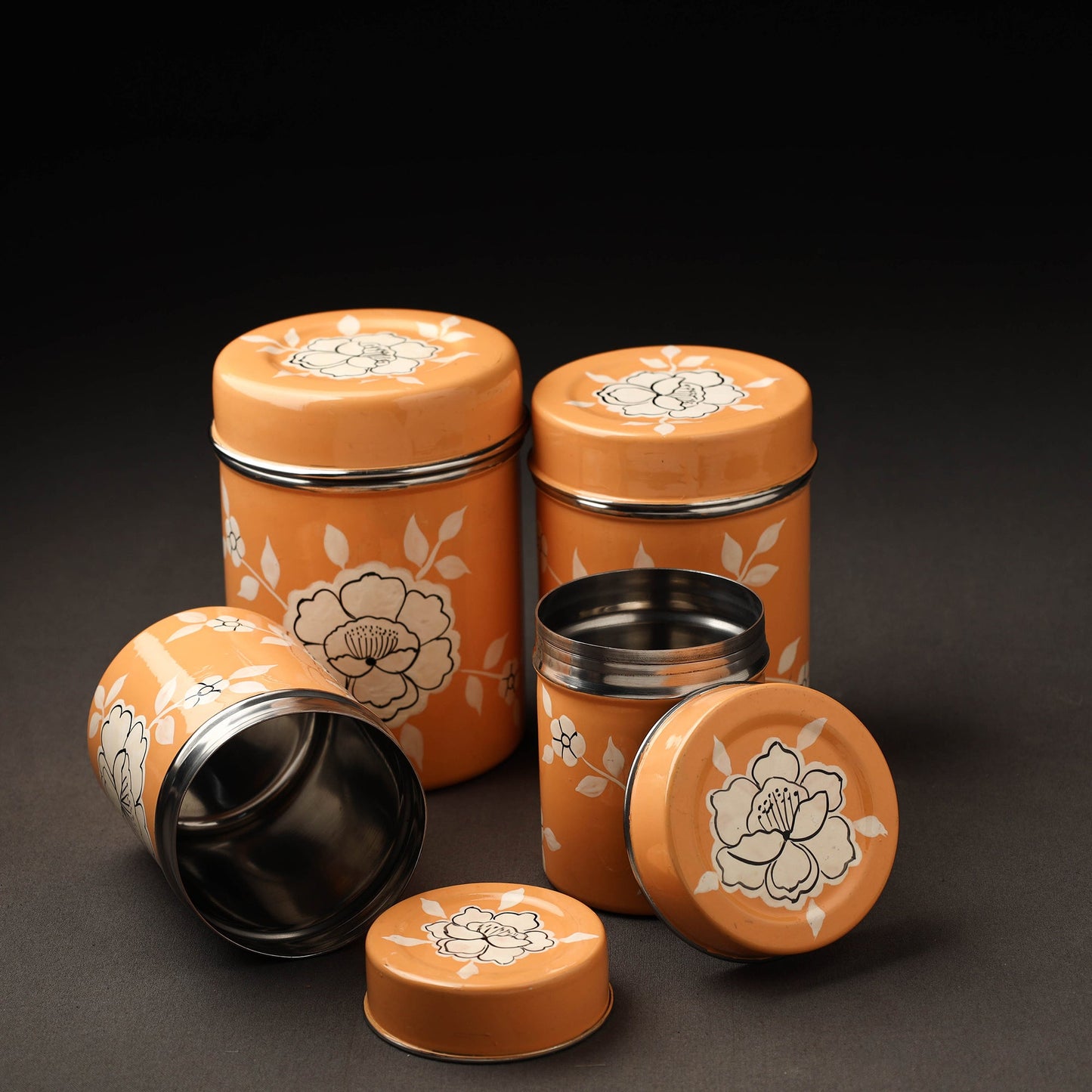 Floral Orange Handpainted Enamelware Stainless Steel Container