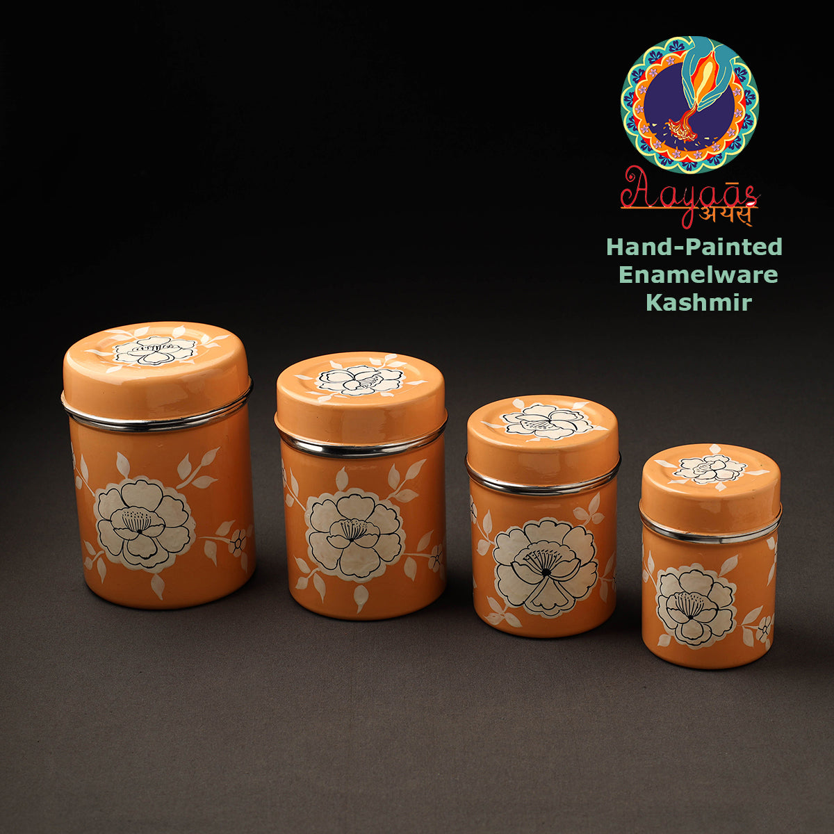 Floral Orange Handpainted Enamelware Stainless Steel Container