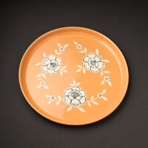 Orange Floral Handpainted Enamelware Stainless Steel Plate 