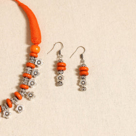Orange - german silver wooden beads necklace set 04