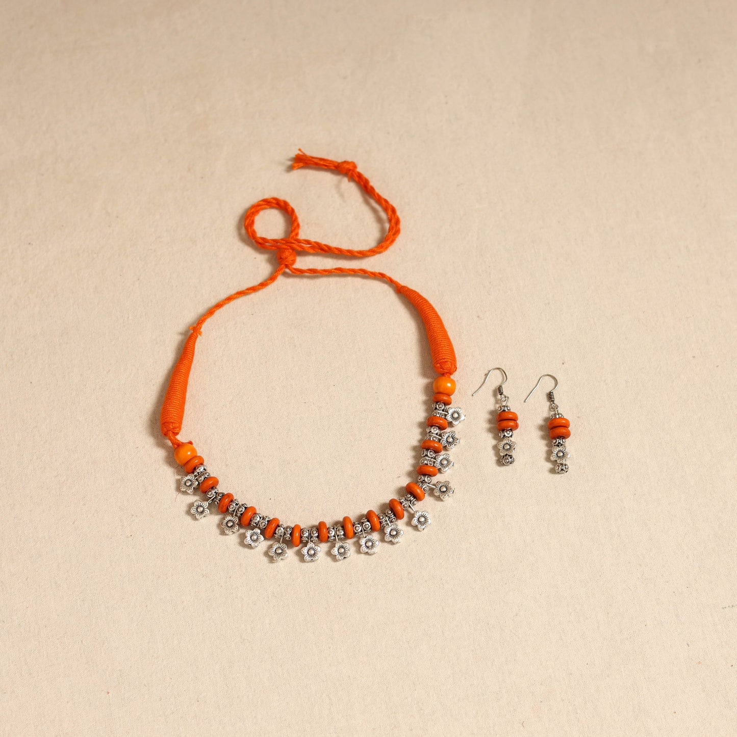 Orange - german silver wooden beads necklace set 04
