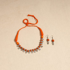 Orange - german silver wooden beads necklace set 04