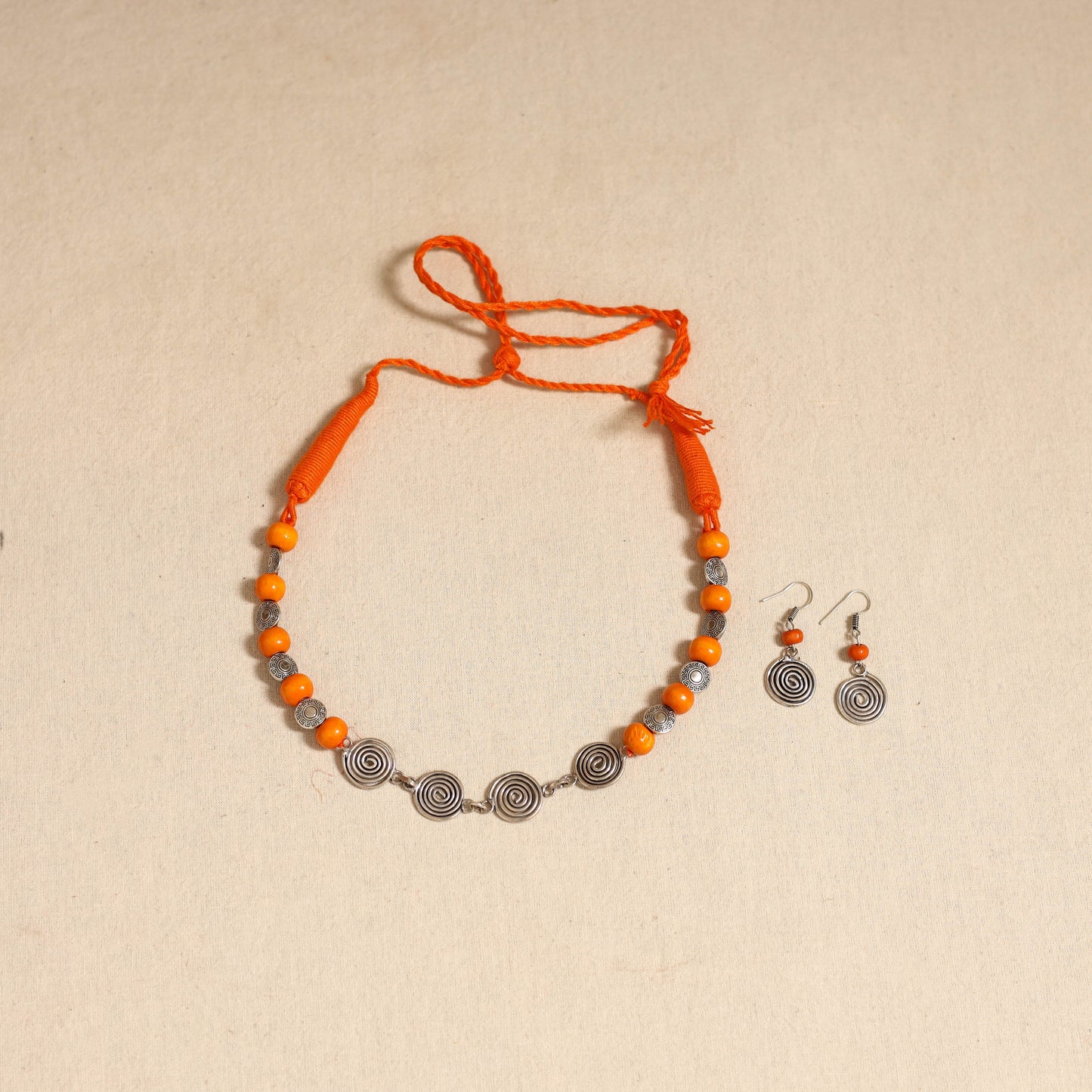 Orange - german silver wooden beads necklace set 12