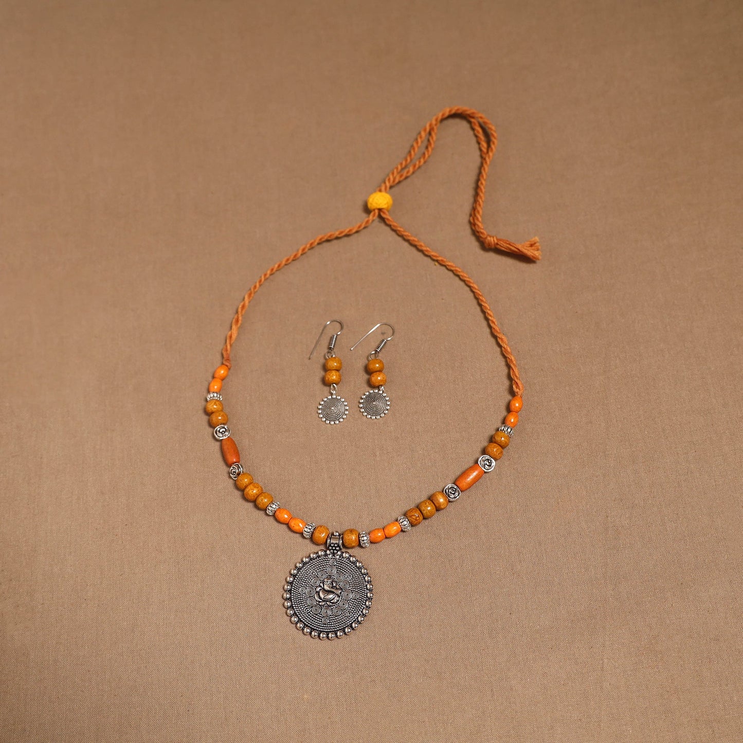 German silver wooden beads necklace set 14 - handcrafted