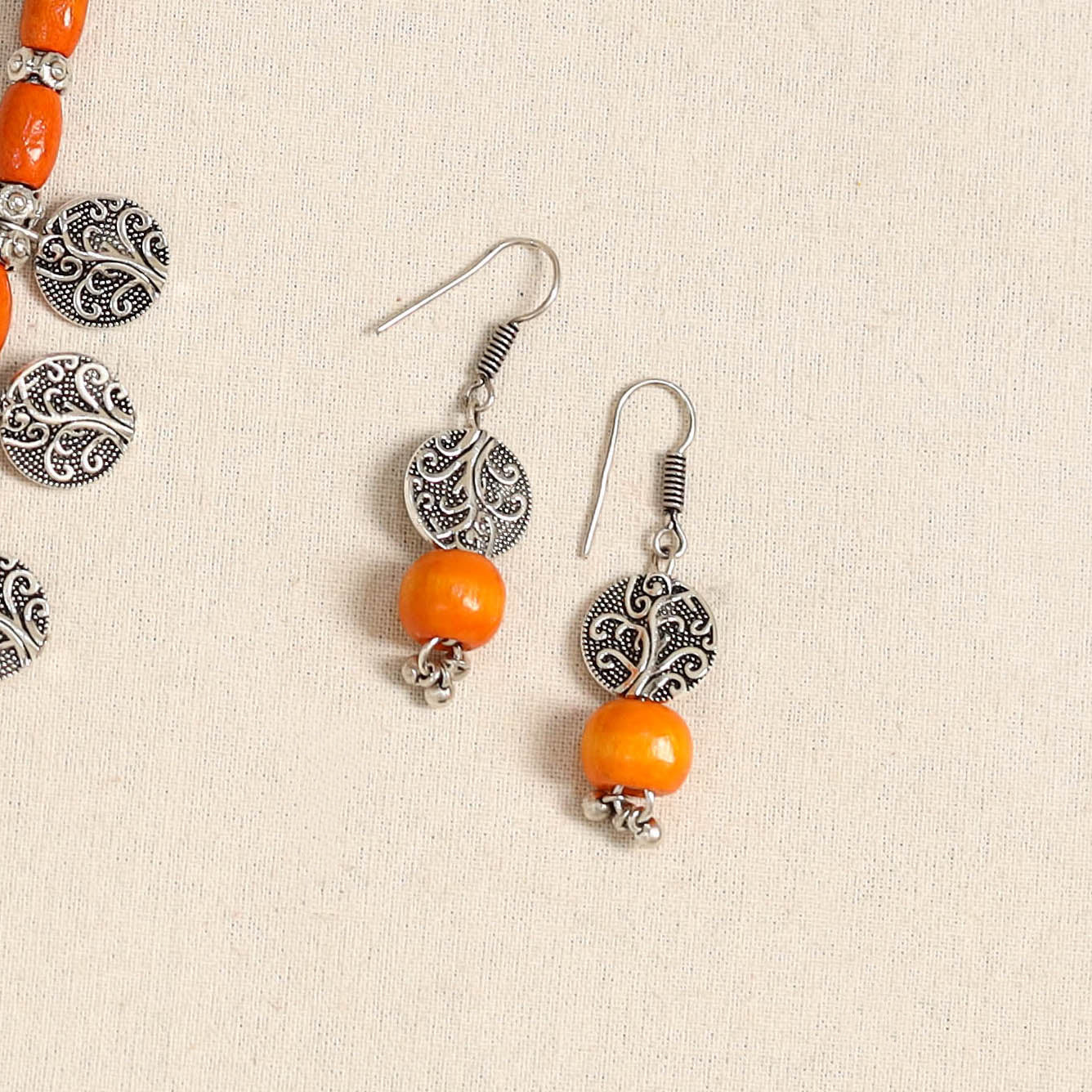 Orange - german silver wooden beads necklace set 56