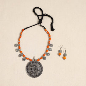 Orange - german silver wooden beads necklace set 56