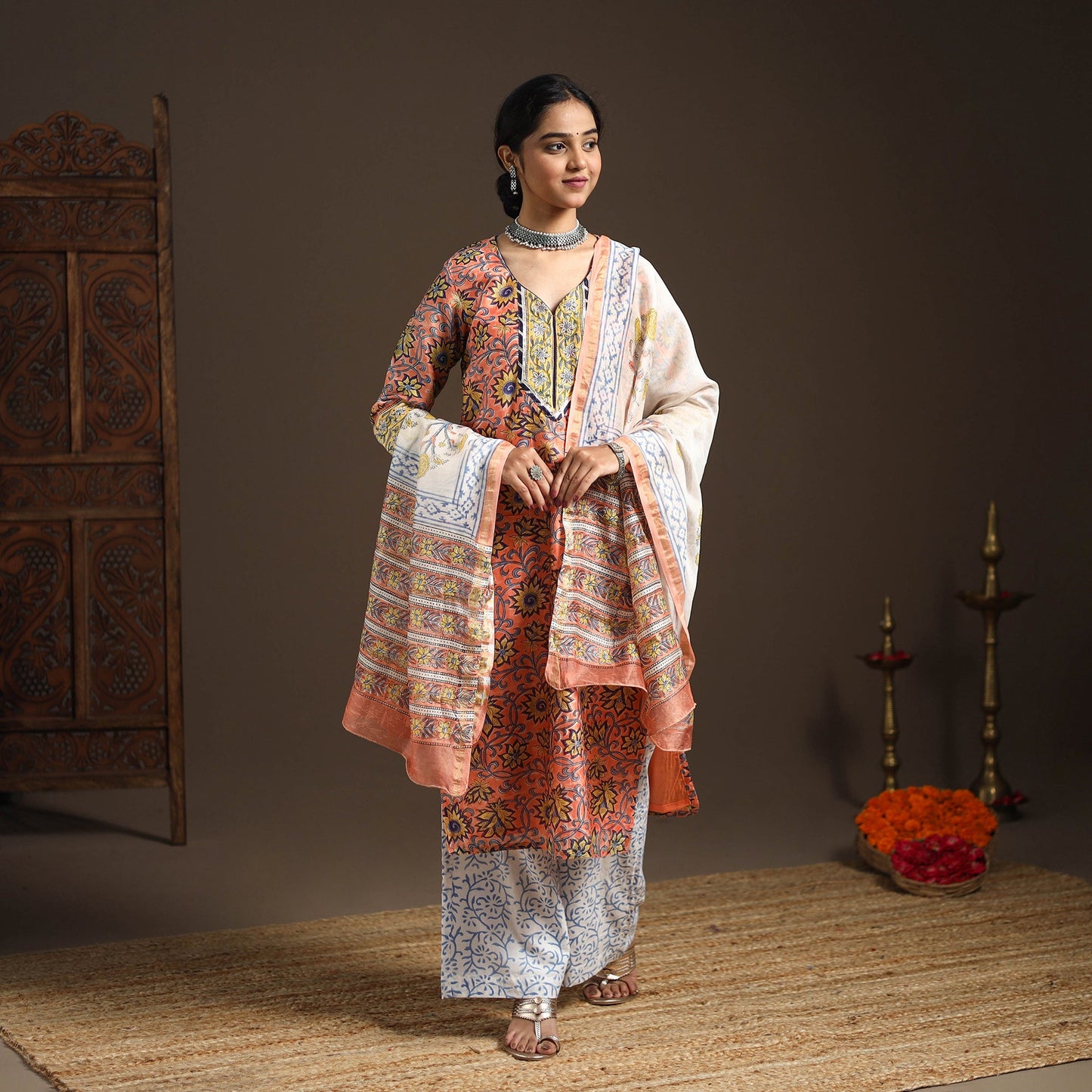 Orange - gota work chanderi silk sanganeri kurta set (set