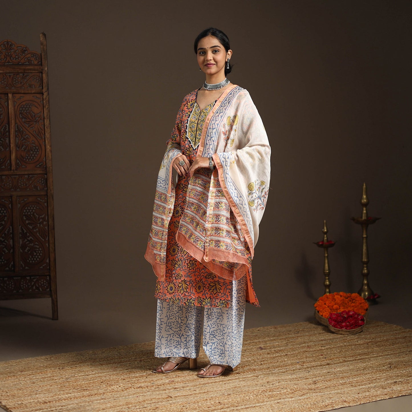 Orange - gota work chanderi silk sanganeri kurta set (set