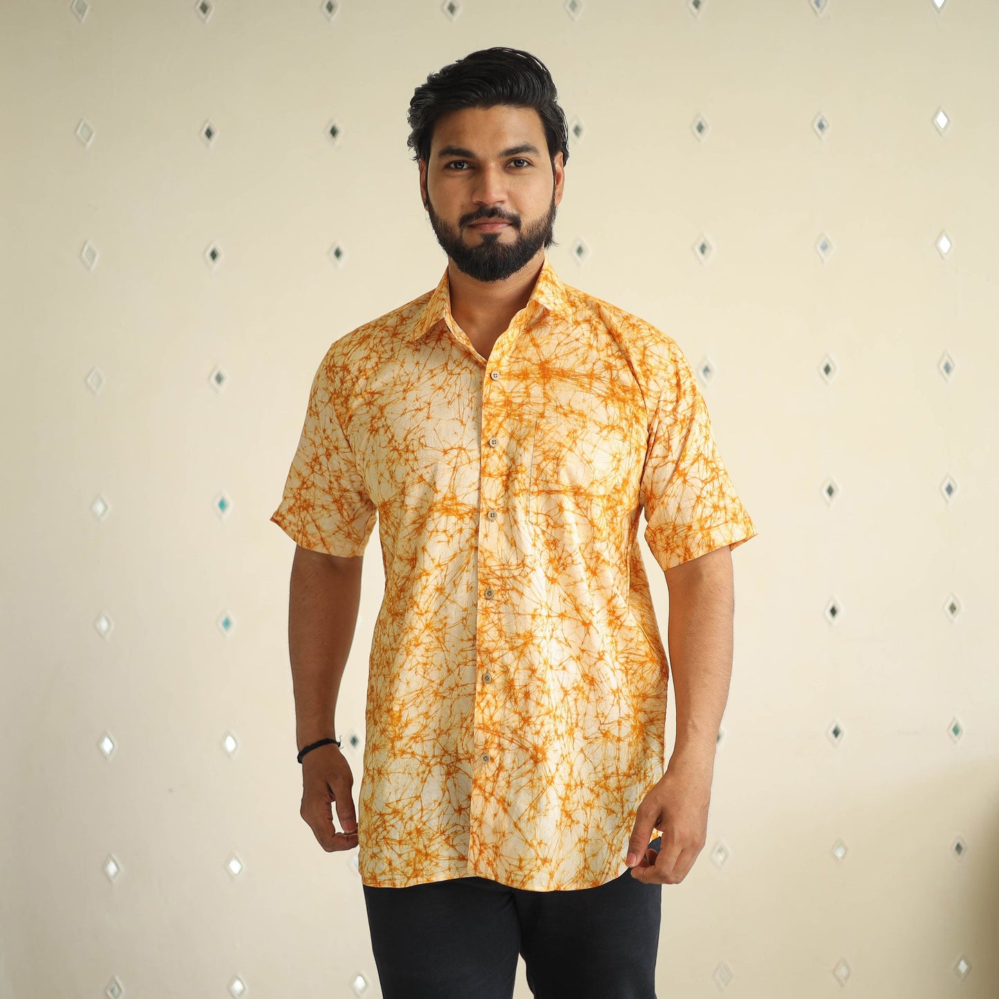 Orange Half Sleeve Cotton Men Hand Batik Print Shirt