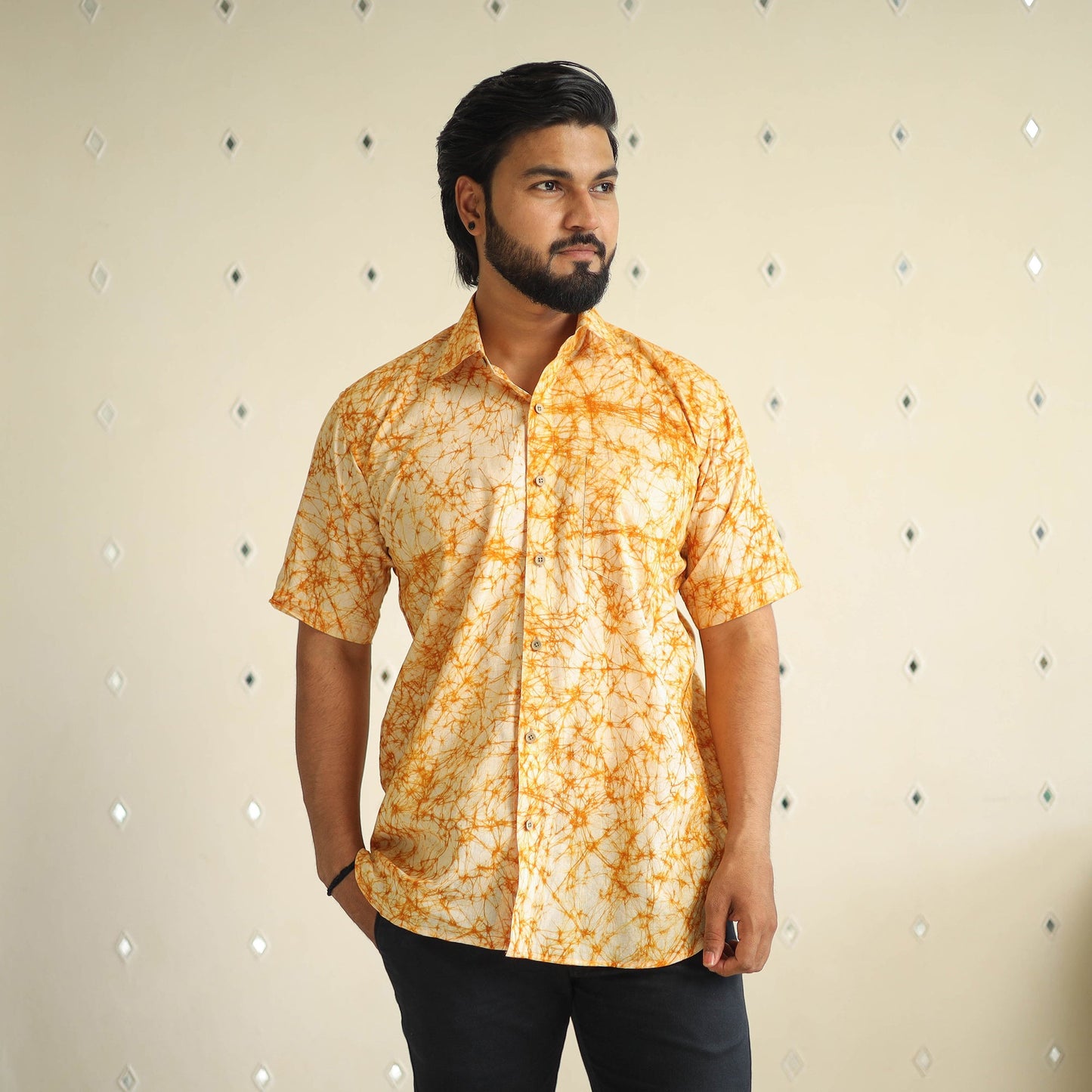 Orange Half Sleeve Cotton Men Hand Batik Print Shirt