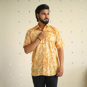 Orange Half Sleeve Cotton Men Hand Batik Print Shirt