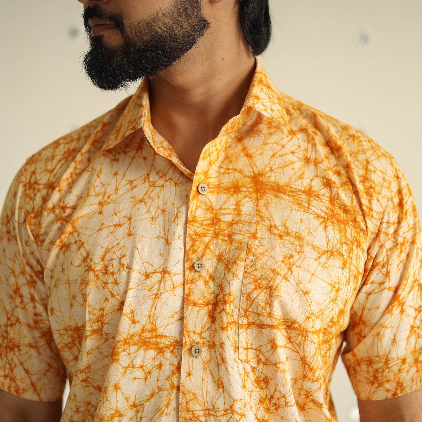 Orange Half Sleeve Cotton Men Hand Batik Print Shirt