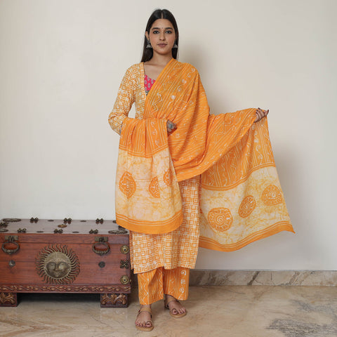  Hand Batik Printed Cotton Kurta with Palazzo & Dupatta Set 07 