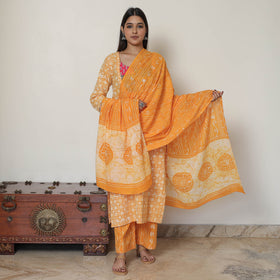  Hand Batik Printed Cotton Kurta with Palazzo & Dupatta Set 07 