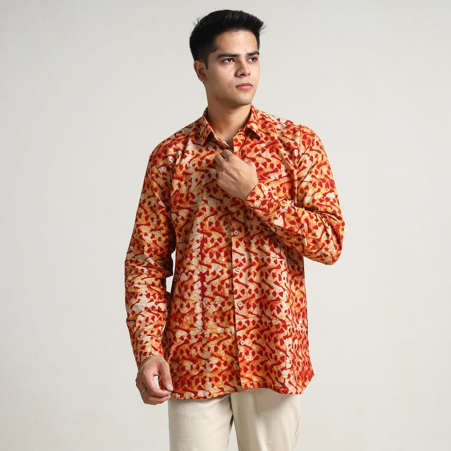 Orange - hand batik printed cotton men full sleeve shirt 11