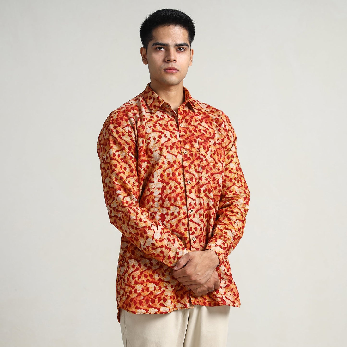 Orange - hand batik printed cotton men full sleeve shirt 11