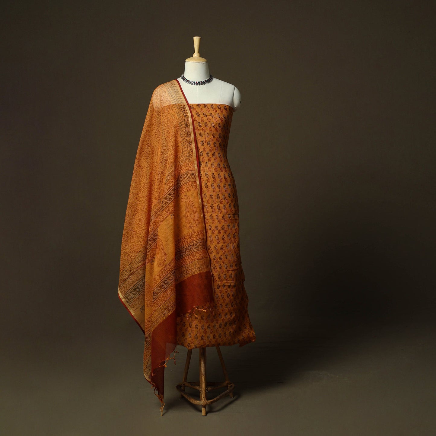 Hand block bagh print natural dyed kota doria cotton 3pc