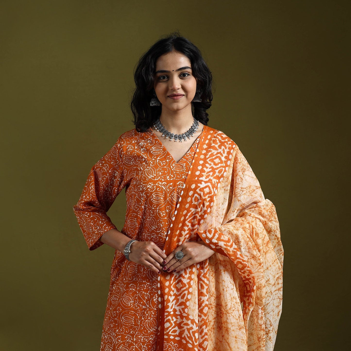 Hand block batik print cotton suit set with dupatta