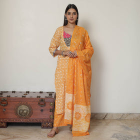  Hand Batik Printed Cotton Kurta with Palazzo & Dupatta Set 07 