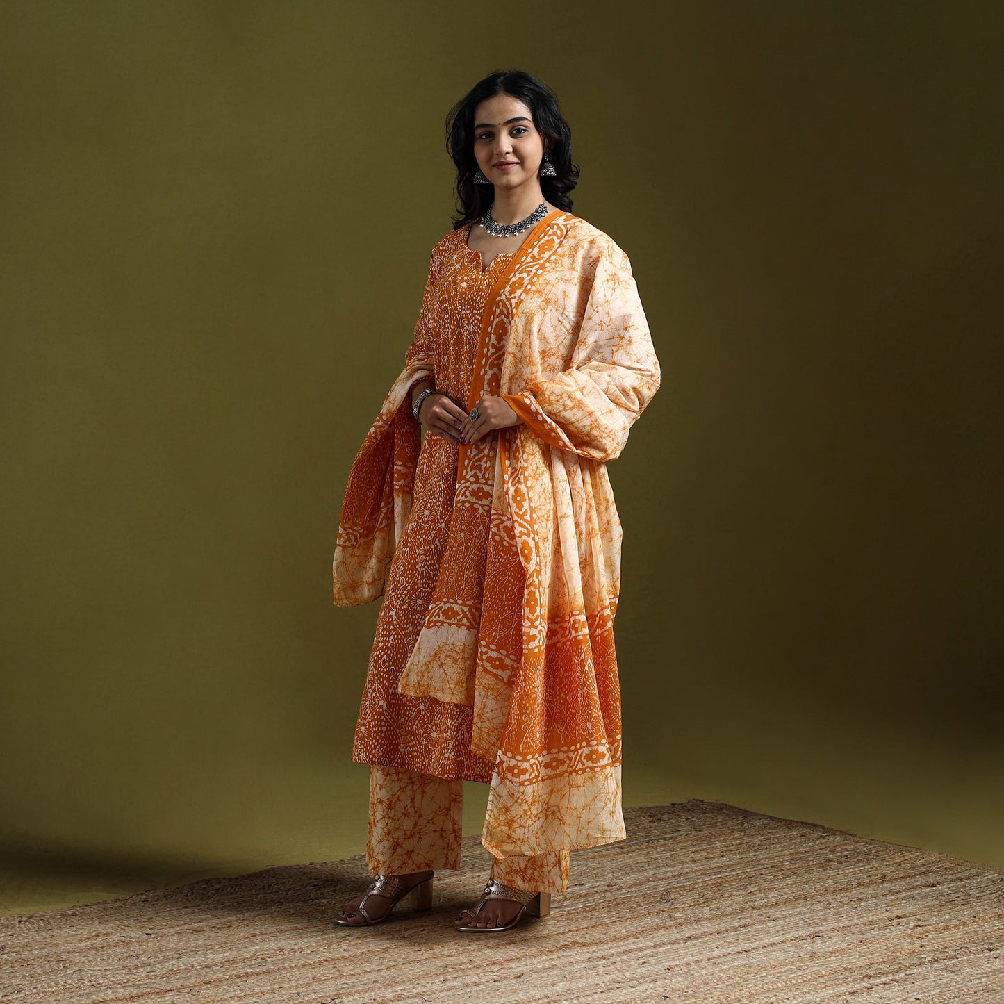 Hand block batik print cotton suit set with dupatta