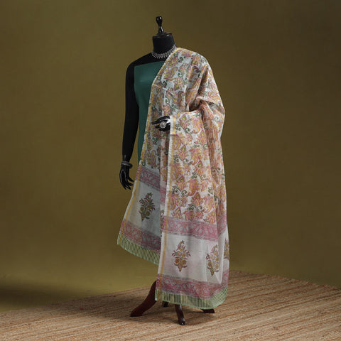 Hand chanderi silk sanganeri floral dupatta 39 - handcrafted