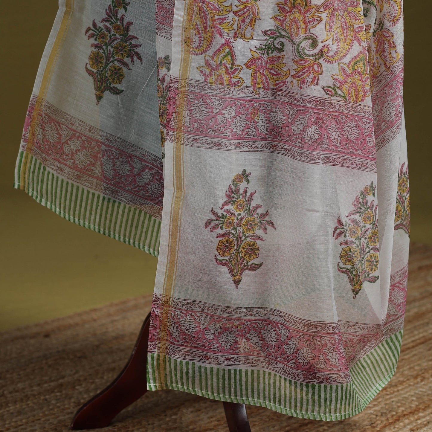 Hand chanderi silk sanganeri floral dupatta 39 - handcrafted