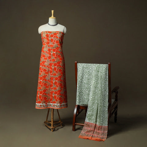 Hand block print cotton sanganeri 3pc unstitched dress