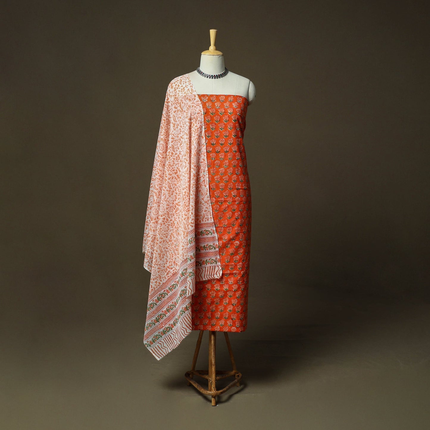 Hand block print cotton sanganeri 3pc unstitched dress