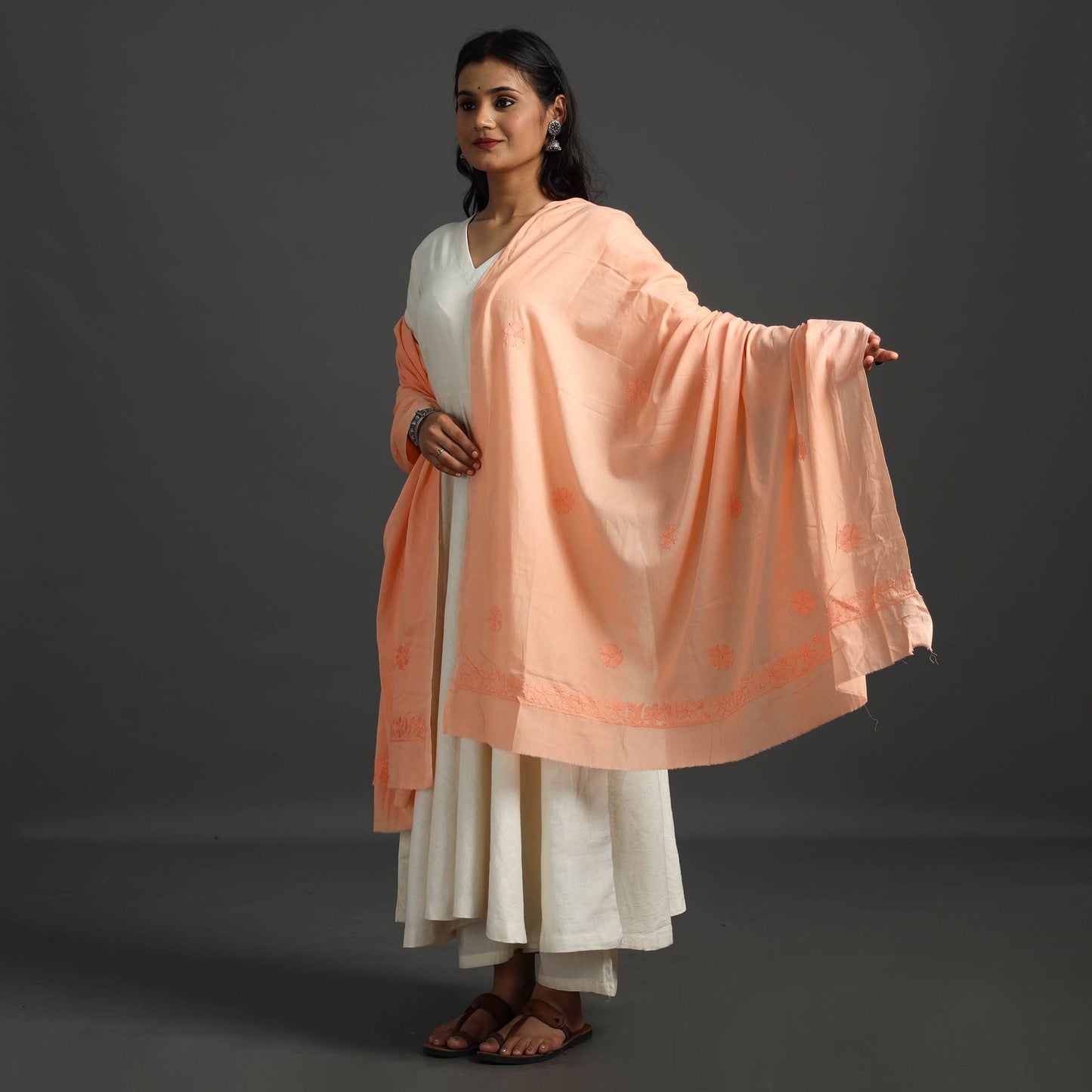 Orange - hand embroidered cotton lucknow chikankari dupatta