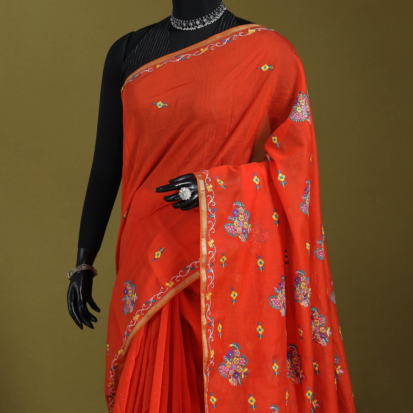 Orange - hand embroidery pure chanderi silk printed kashida
