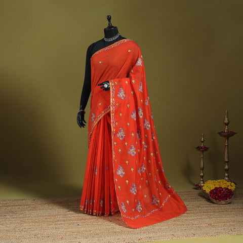 Orange - hand embroidery pure chanderi silk printed kashida