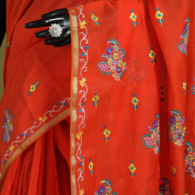 Orange - hand embroidery pure chanderi silk printed kashida