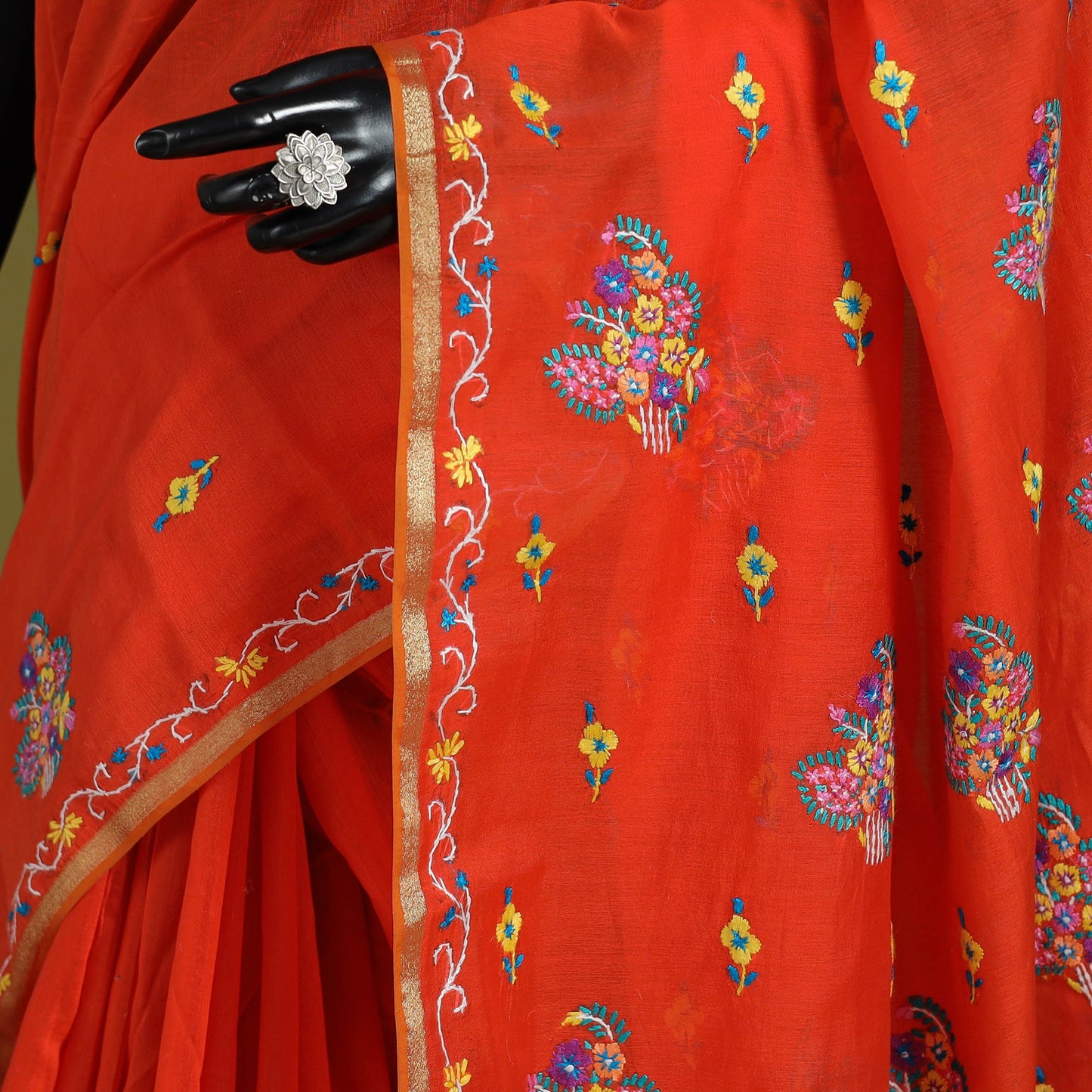Orange - hand embroidery pure chanderi silk printed kashida