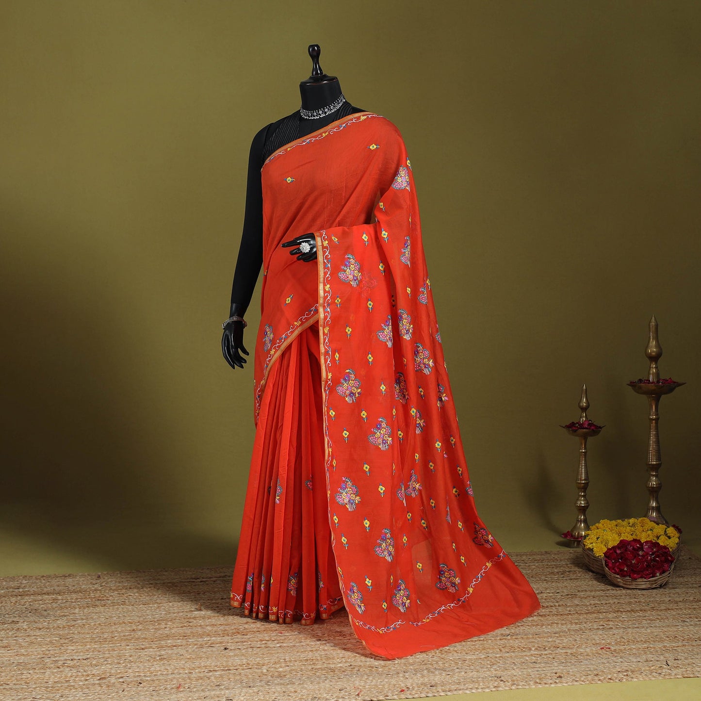 Orange - hand embroidery pure chanderi silk printed kashida