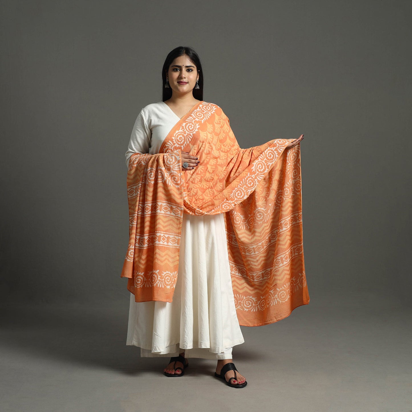 Orange - hand mul cotton dabu bagru dupatta 02 - handcrafted